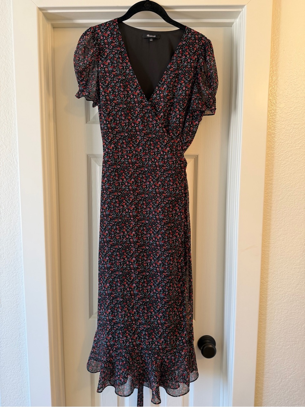 Madewell Black Floral Midi Dress with Red and Pink Blossoms